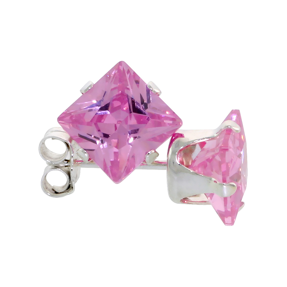 Sterling Silver Cubic Zirconia Square Pink Earrings Studs 6 mm Princess cut 2.5 carats/pair