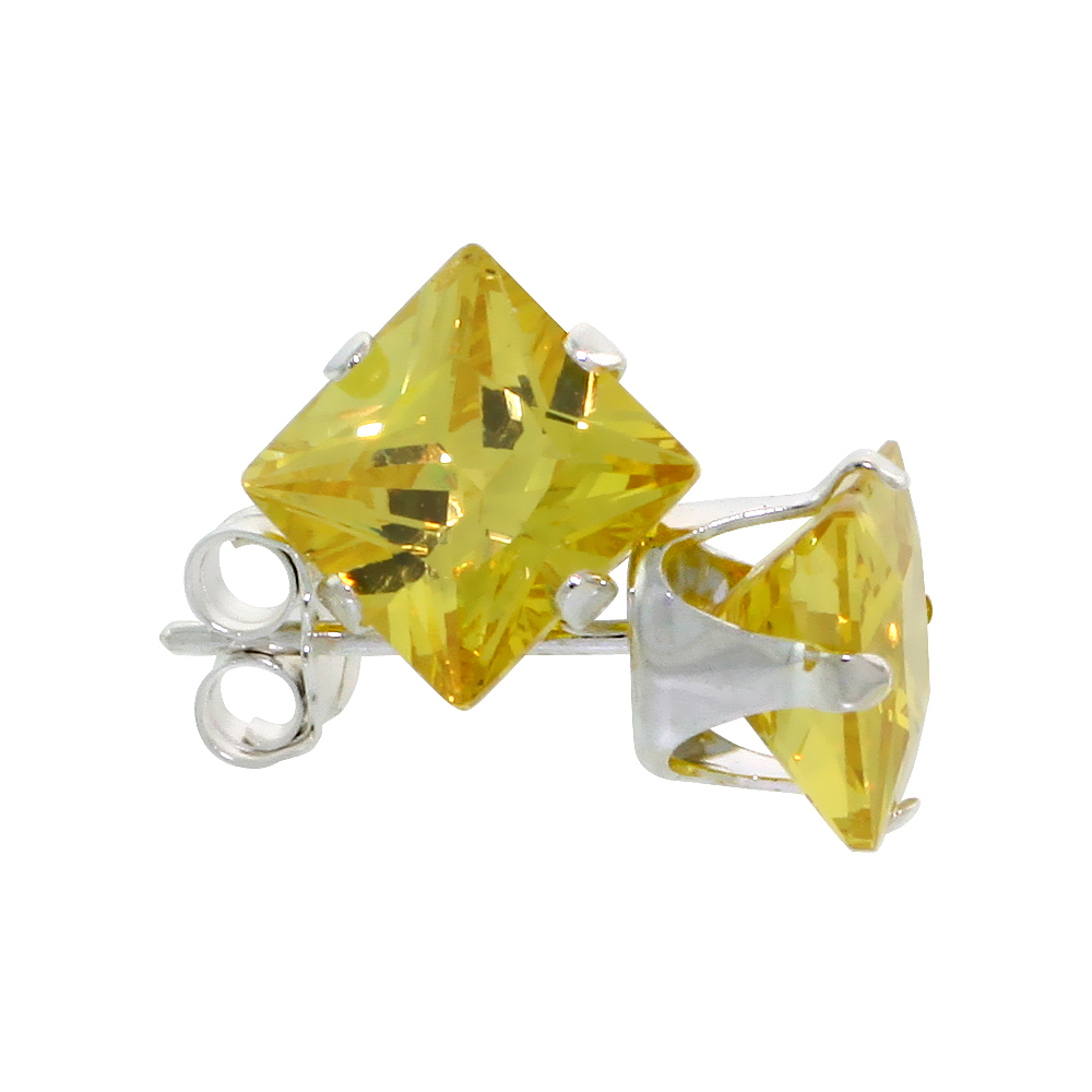 STERLING SILVER CUBIC ZIRCONIA SQUARE CITRINE EARRINGS STUDS 6 MM PRINCESS CUT YELLOW 2.5 CARATS/PAIR