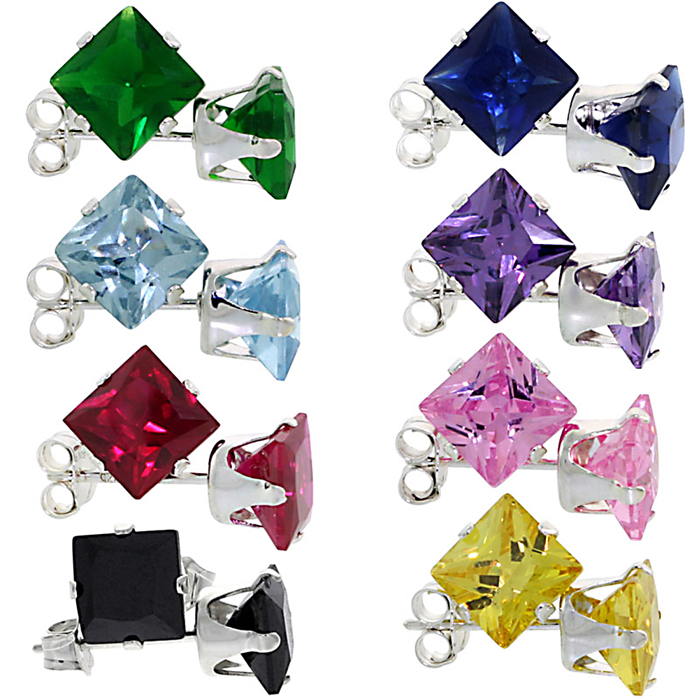 8 COLOR SET STERLING SILVER 6MM SQUARE CZ STUD EARRINGS PRINCESS CUT ASSORTED COLORS