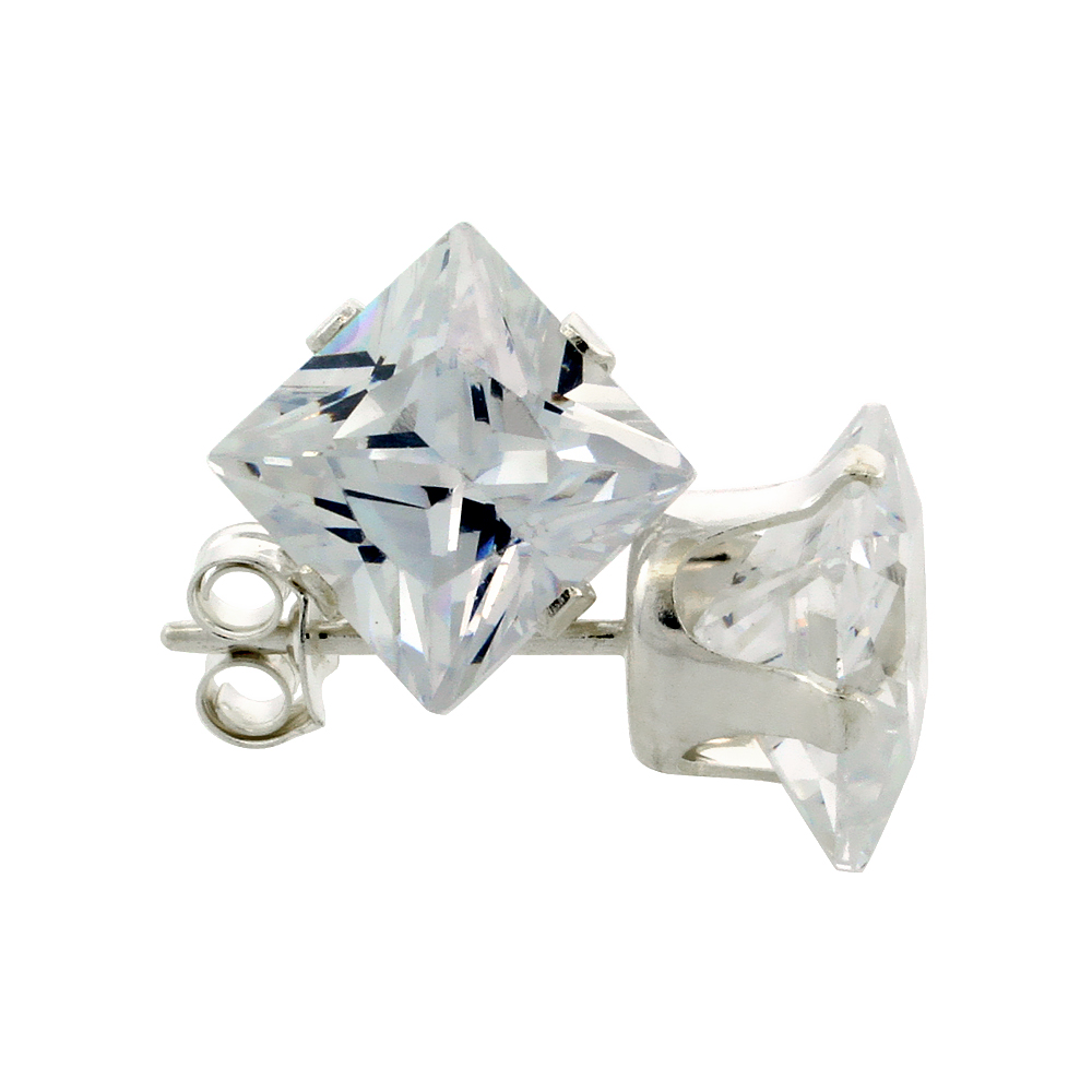STERLING SILVER CUBIC ZIRCONIA SQUARE EARRINGS STUDS 4 PRONG 7 MM PRINCESS CUT 4 CARAT/PAIR