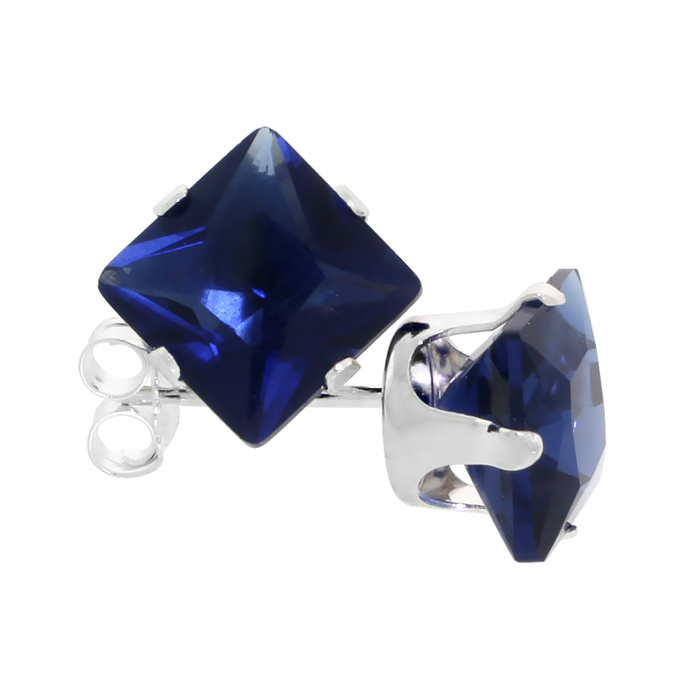 Sterling Silver Cubic Zirconia Square Sapphire Earrings Studs 7 mm Princess cut Navy color 4 carats/pair