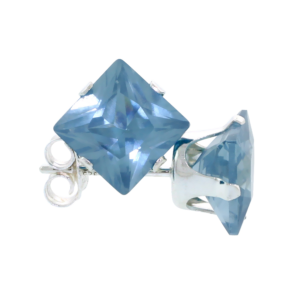 Sterling Silver Cubic Zirconia Square Blue Topaz Earrings Studs 7 mm Princess cut 4 carats/pair