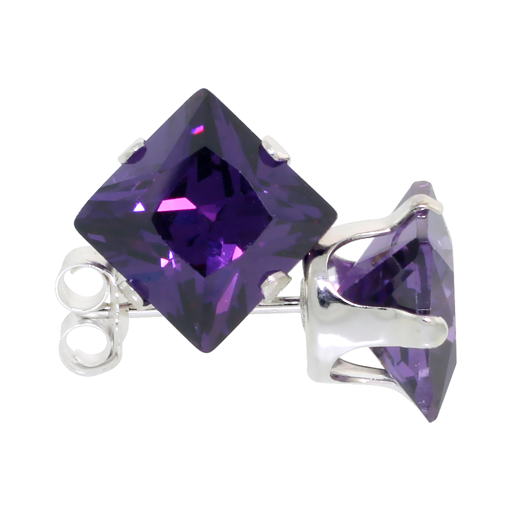 STERLING SILVER CUBIC ZIRCONIA SQUARE AMETHYST EARRINGS STUDS 7 MM PRINCESS CUT PURPLE COLOR 4 CARATS/PAIR