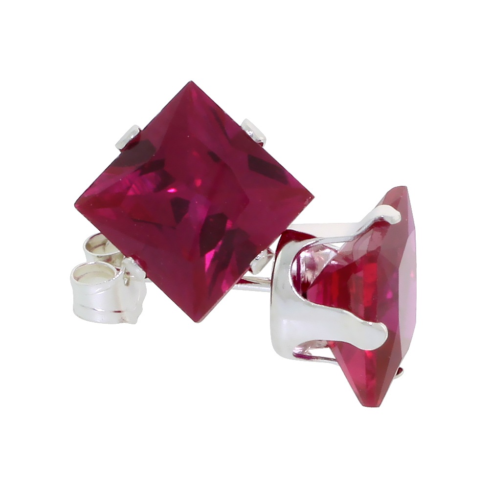 STERLING SILVER CUBIC ZIRCONIA SQUARE RUBY EARRINGS STUDS 7 MM PRINCESS CUT RED COLOR 4 CARATS/PAIR
