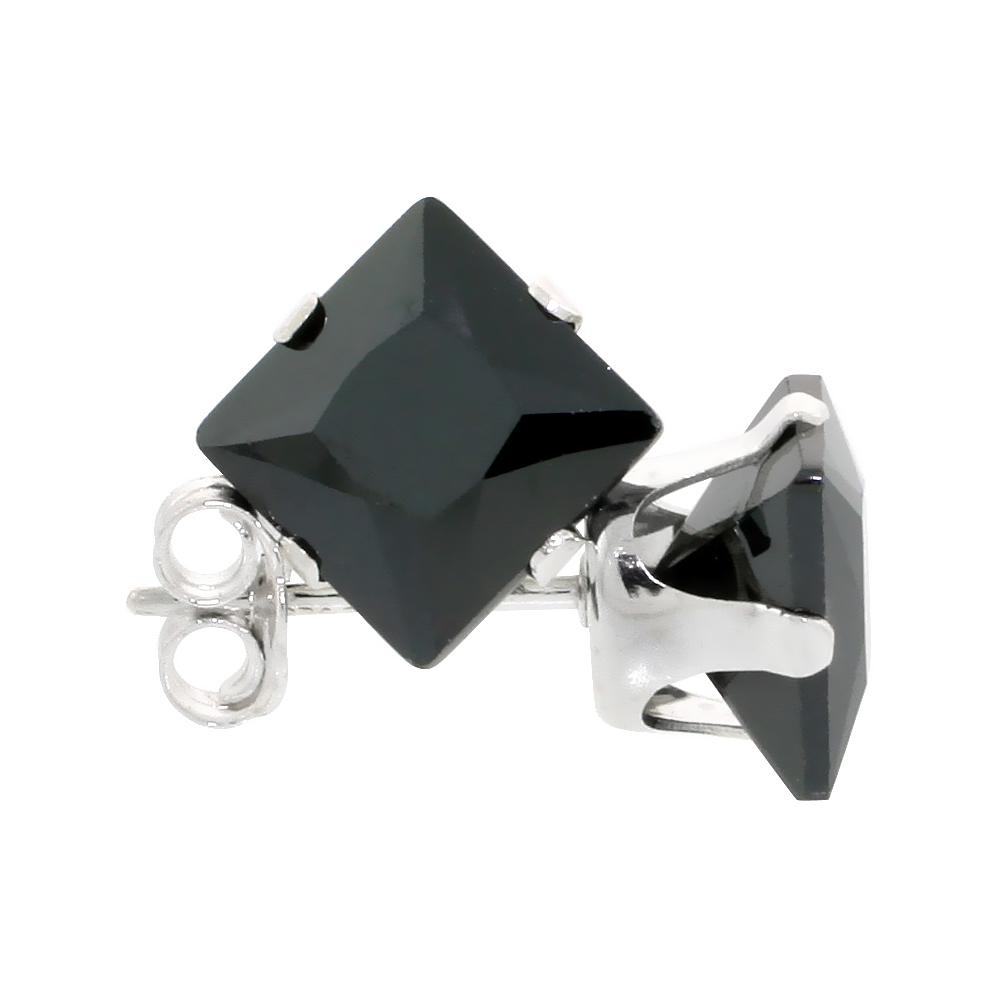 STERLING SILVER CUBIC ZIRCONIA SQUARE BLACK EARRINGS STUDS 7 MM PRINCESS CUT 4 CARATS/PAIR