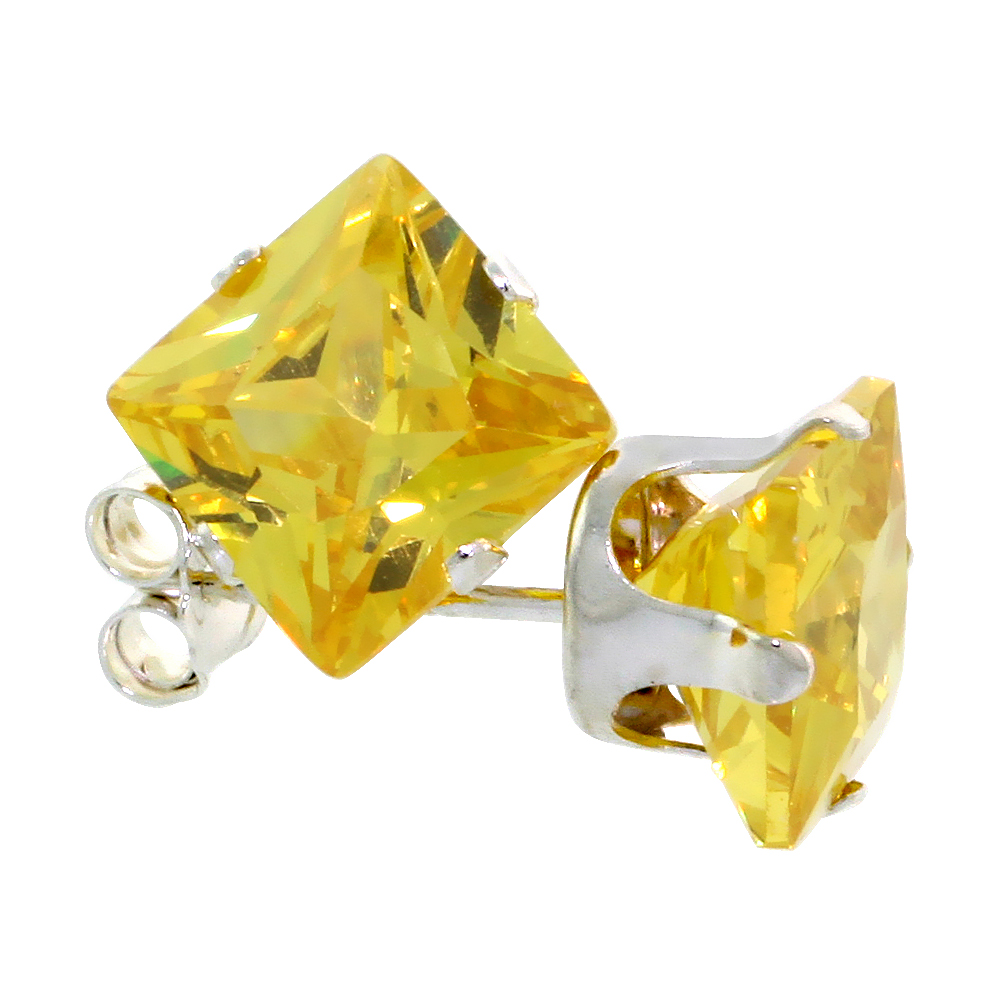 Sterling Silver Cubic Zirconia Square Citrine Earrings Studs 7 mm Princess cut Yellow 4 carats/pair