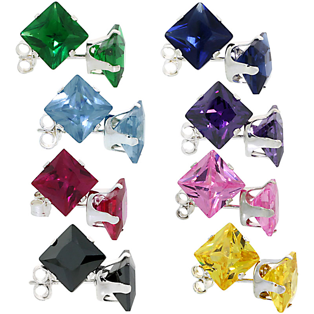 8 COLOR SET STERLING SILVER 7MM SQUARE CZ STUD EARRINGS PRINCESS CUT ASSORTED COLORS