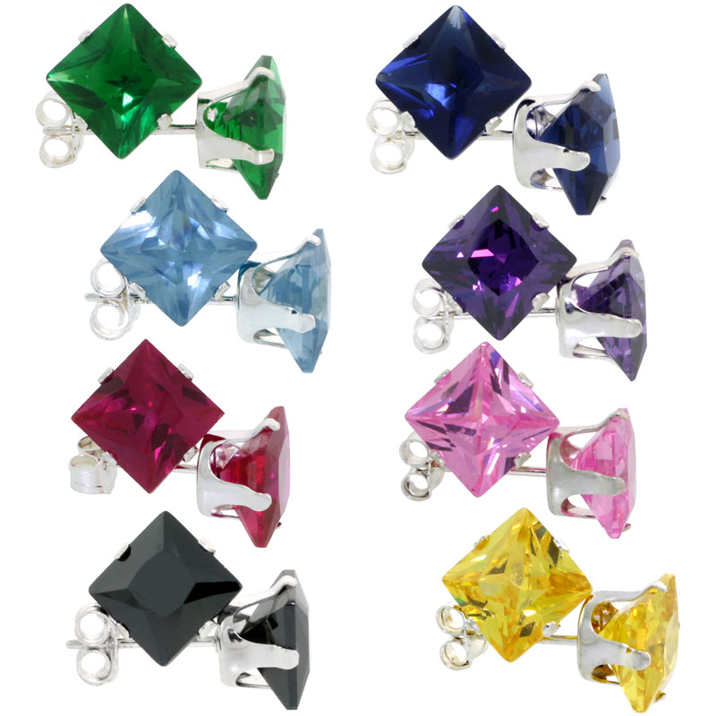 8 Color Set Sterling Silver 7mm Square CZ Stud Earrings Princess Cut Assorted Colors