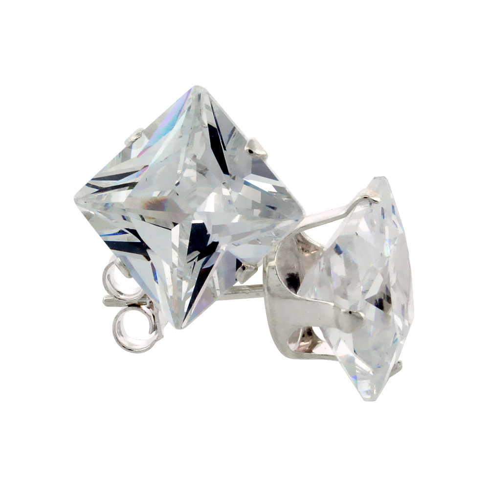 STERLING SILVER CUBIC ZIRCONIA SQUARE EARRINGS STUDS 4 PRONG 9 MM PRINCESS CUT 8 CARAT/PAIR