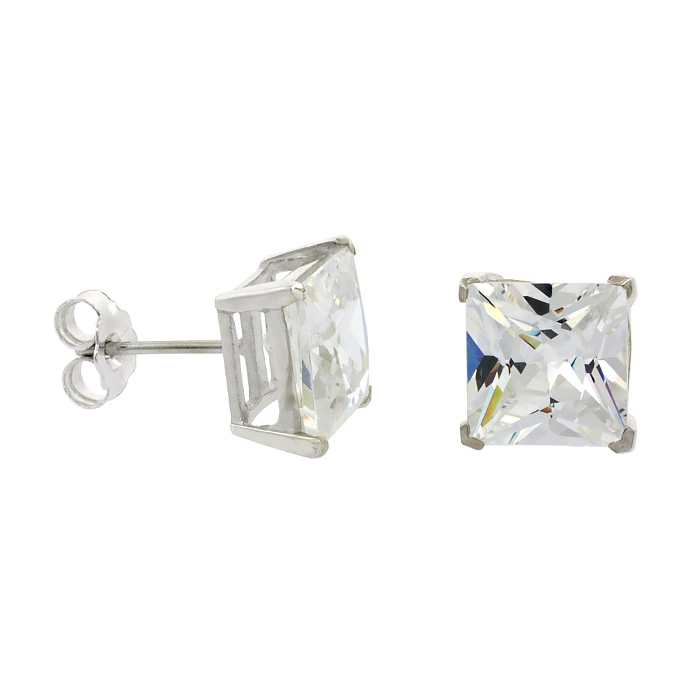 STERLING SILVER CUBIC ZIRCONIA SQUARE EARRINGS STUDS 9 MM PRINCESS CUT BASKET SETTING 8 CARAT/PAIR