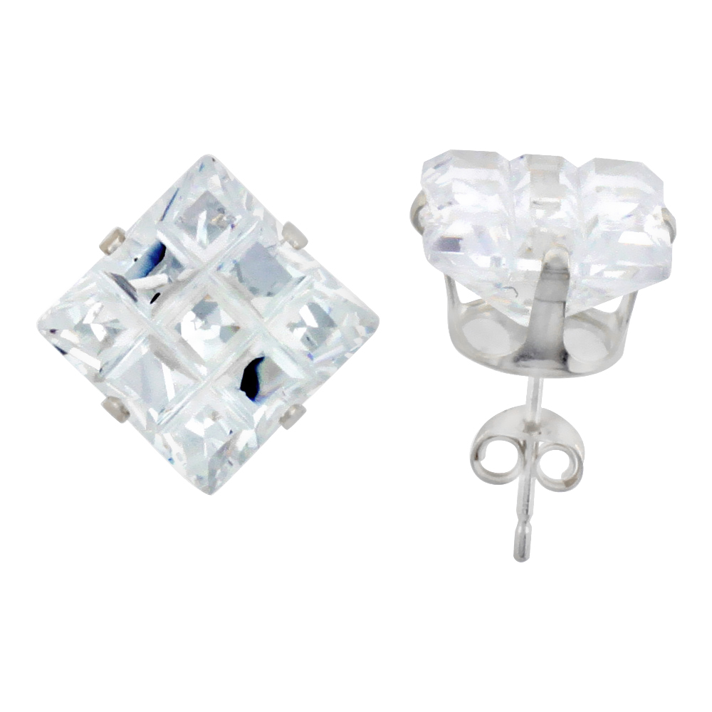 3 PAIR SET STERLING SILVER CUBIC ZIRCONIA INVISIBLE CUT SQUARE EARRINGS STUDS 10 MM 4 PRONG 11 CARAT/PAIR