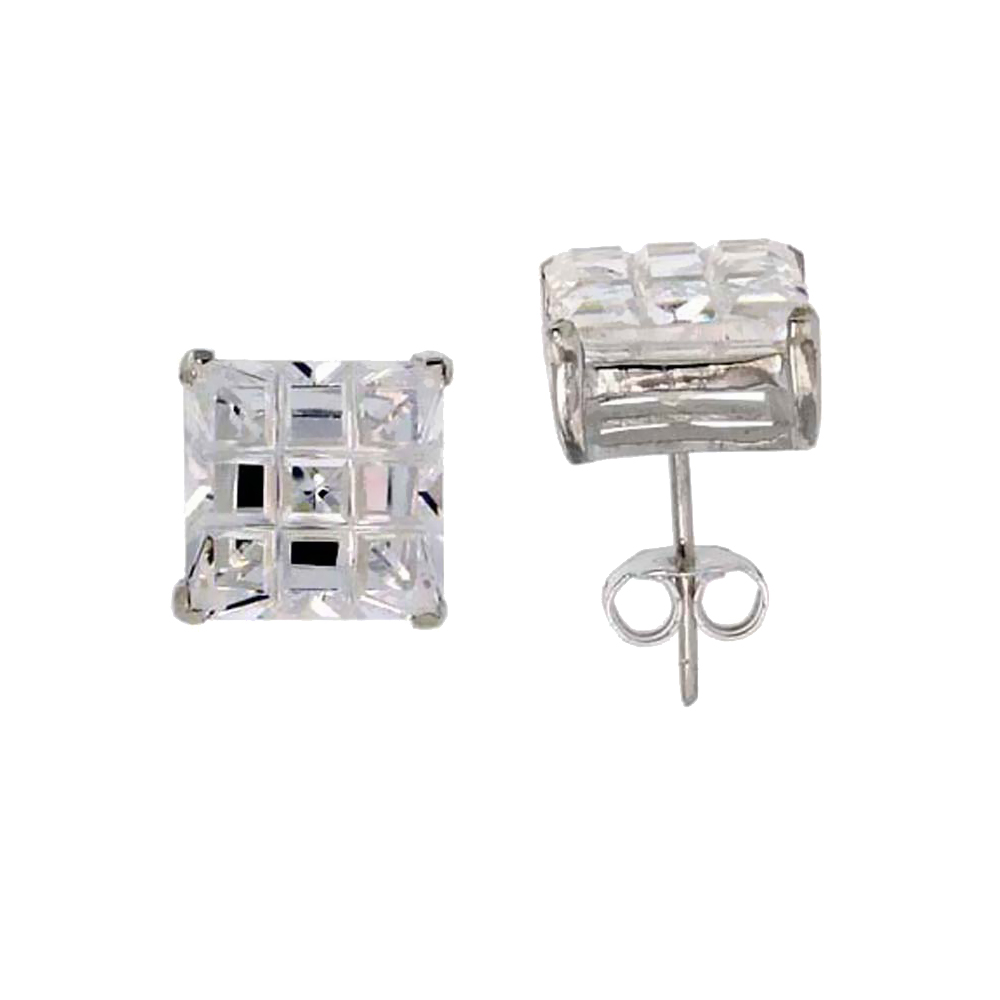 STERLING SILVER CUBIC ZIRCONIA INVISIBLE CUT SQUARE EARRINGS STUDS 10 MM BASKET SET 11 CARAT/PAIR