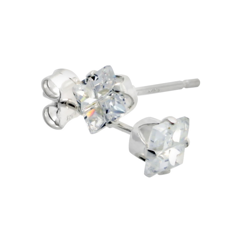 3 PAIR SET STERLING SILVER CUBIC ZIRCONIA INVISIBLE CUT SQUARE EARRINGS STUDS 4 MM 4 PRONG 1/3 CARAT/PAIR