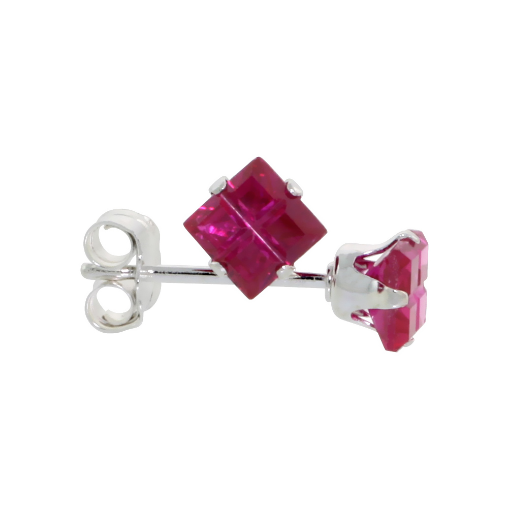 STERLING SILVER CUBIC ZIRCONIA INVISIBLE CUT SQUARE RUBY EARRINGS STUDS RED COLOR 3/4 CARAT/PAIR