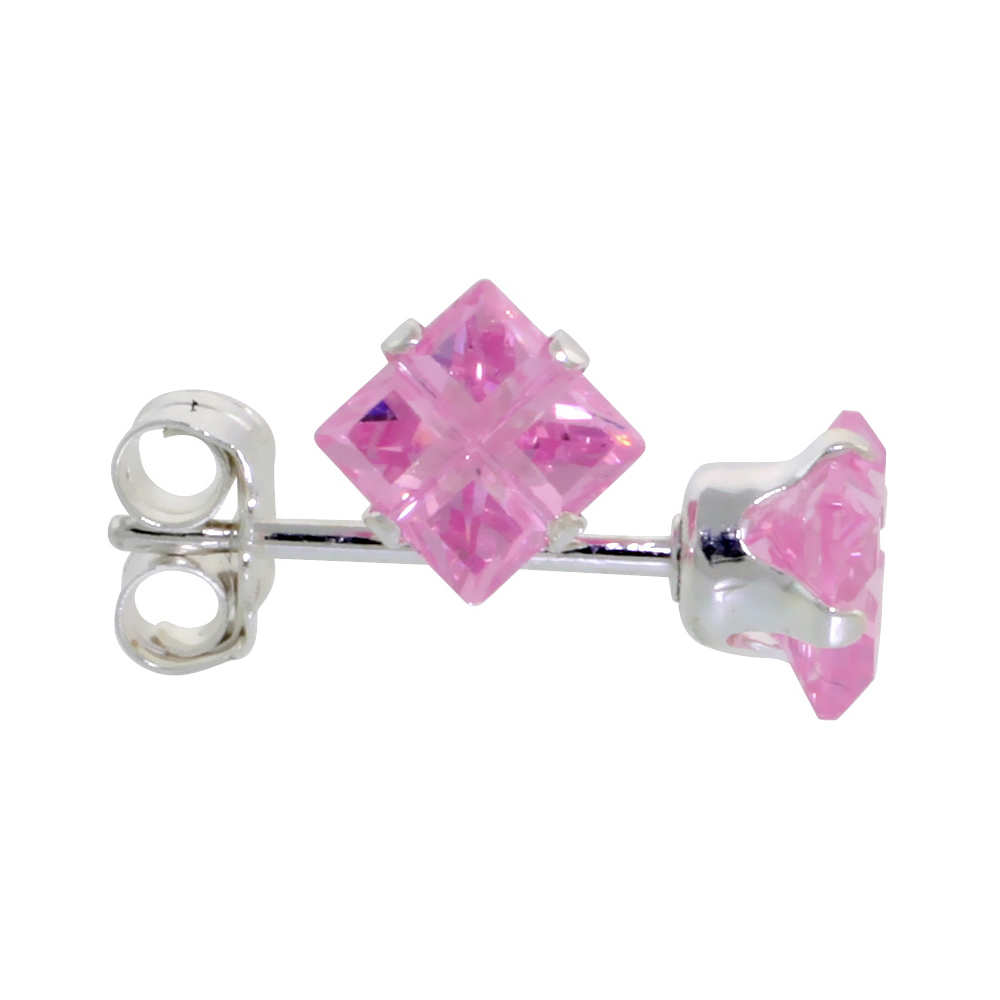 STERLING SILVER CUBIC ZIRCONIA INVISIBLE CUT SQUARE PINK EARRINGS STUDS 3/4 CARAT/PAIR
