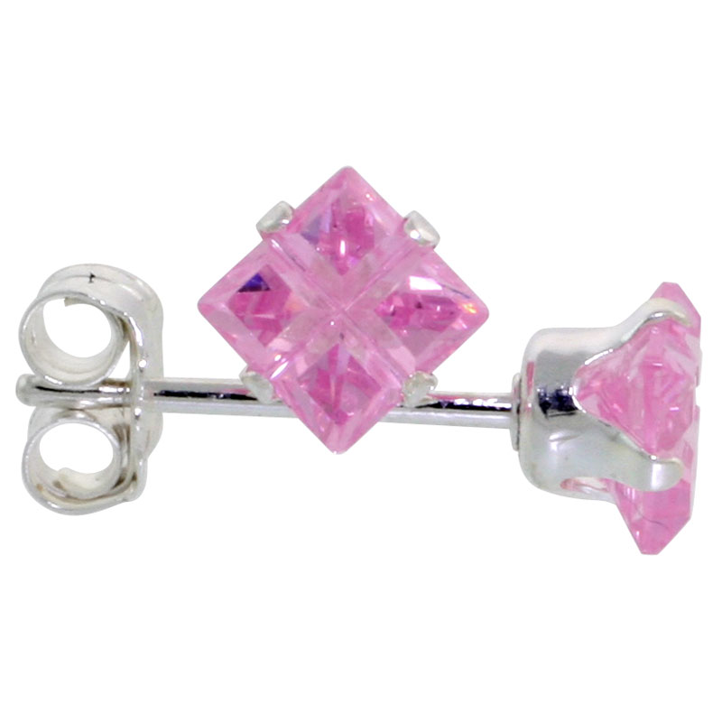 Sterling Silver Cubic Zirconia Invisible Cut Square Pink Earrings Studs 3/4 carat/pair