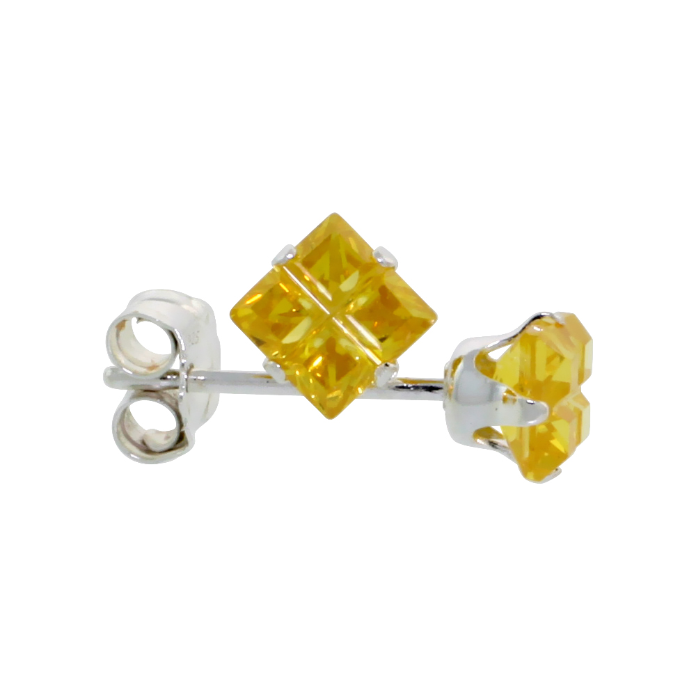 STERLING SILVER CUBIC ZIRCONIA INVISIBLE CUT SQUARE CITRINE EARRINGS STUDS YELLOW 3/4 CARAT/PAIR