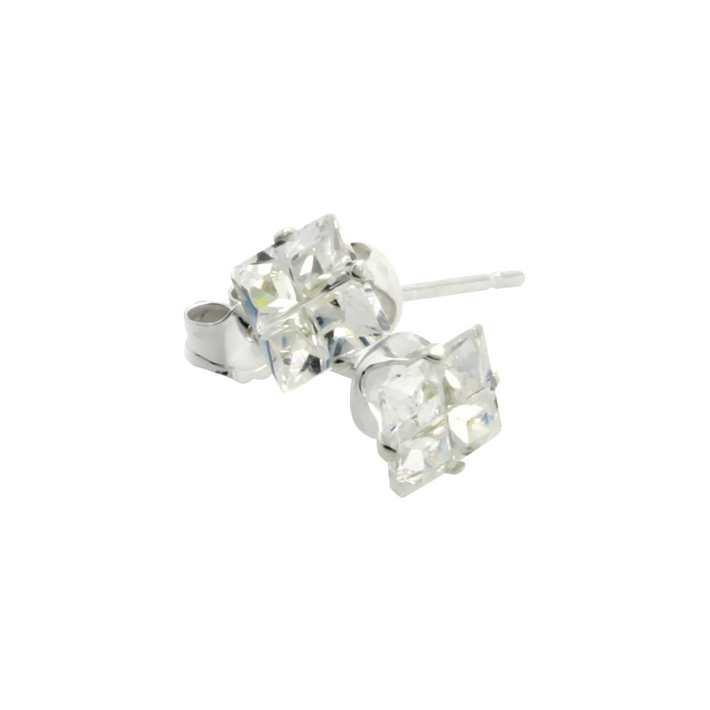 STERLING SILVER CUBIC ZIRCONIA INVISIBLE CUT SQUARE EARRINGS STUDS 5 MM 4 PRONG 1.5 CARATS/PAIR