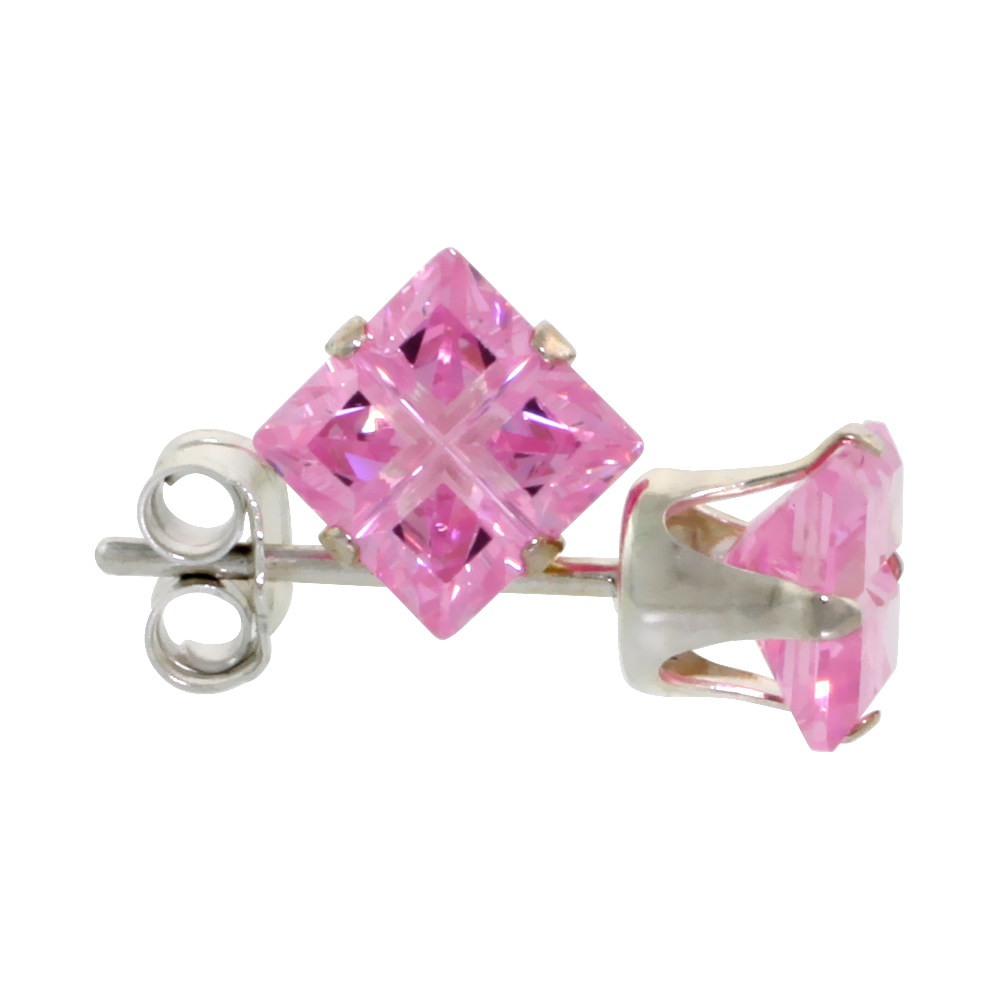 STERLING SILVER CUBIC ZIRCONIA INVISIBLE CUT SQUARE PINK EARRINGS STUDS 1.5 CARAT/PAIR