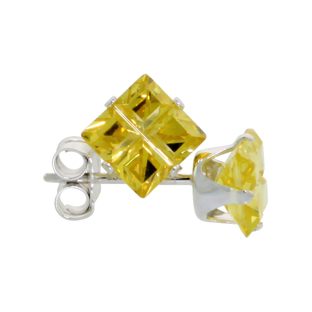 STERLING SILVER CUBIC ZIRCONIA INVISIBLE CUT SQUARE CITRINE EARRINGS STUDS YELLOW 1.5 CARAT/PAIR