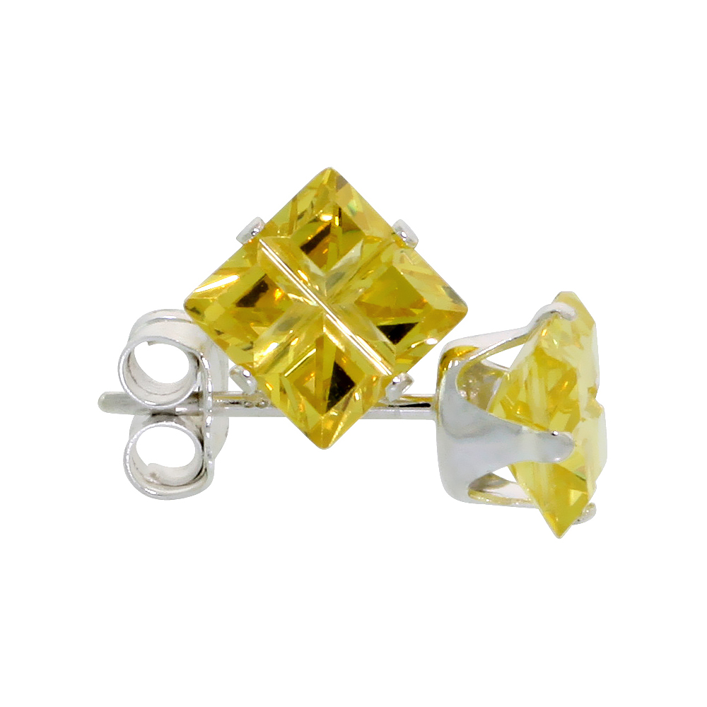 Sterling Silver Cubic Zirconia Invisible Cut Square Citrine Earrings Studs Yellow 1.5 carat/pair