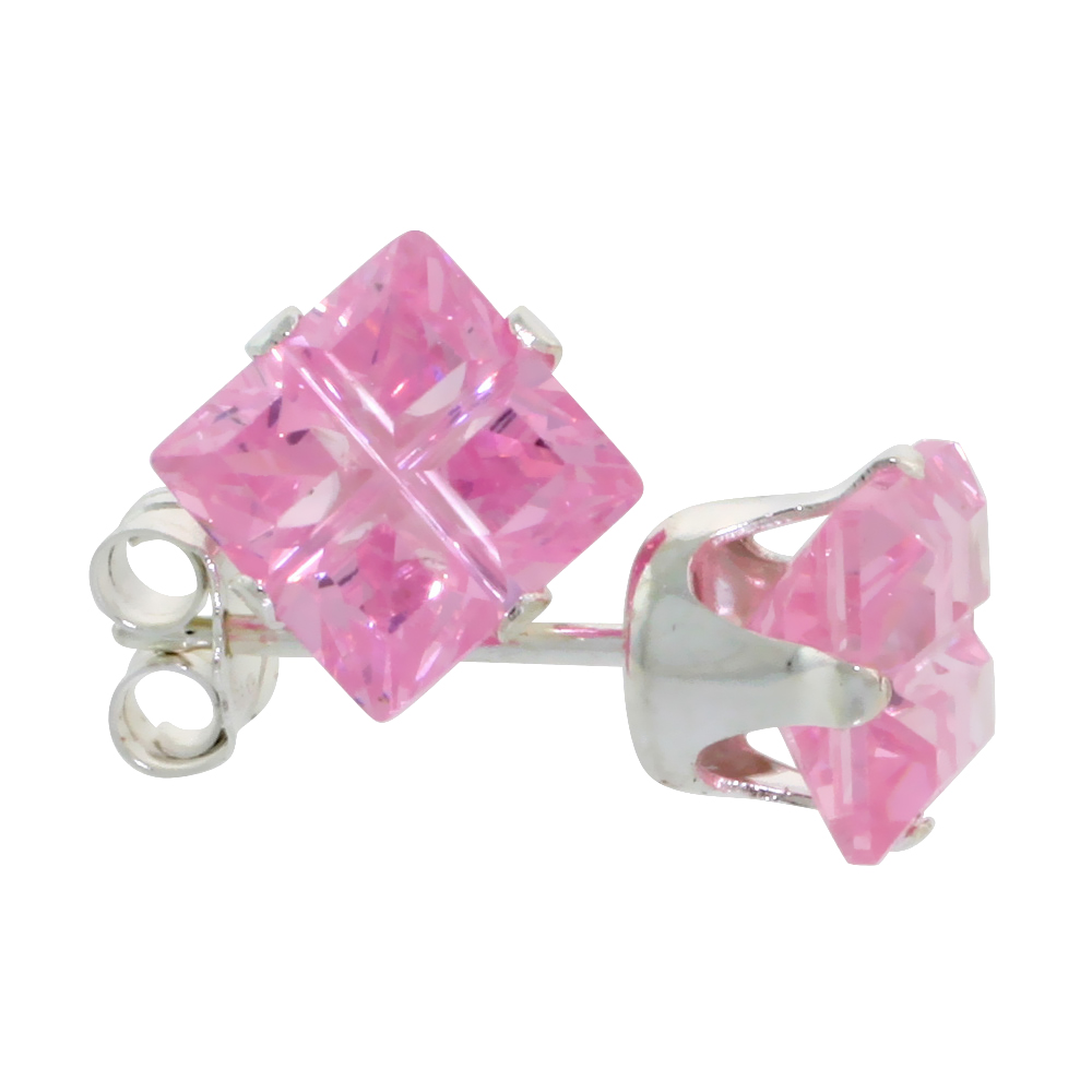 STERLING SILVER CUBIC ZIRCONIA INVISIBLE CUT SQUARE PINK EARRINGS STUDS 2.5 CARAT/PAIR