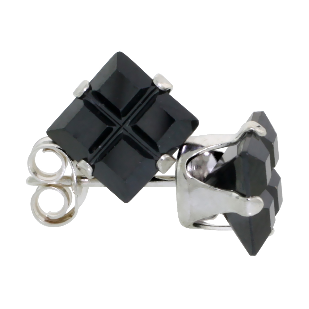 STERLING SILVER CUBIC ZIRCONIA INVISIBLE CUT SQUARE BLACK EARRINGS STUDS 2.5 CARAT/PAIR