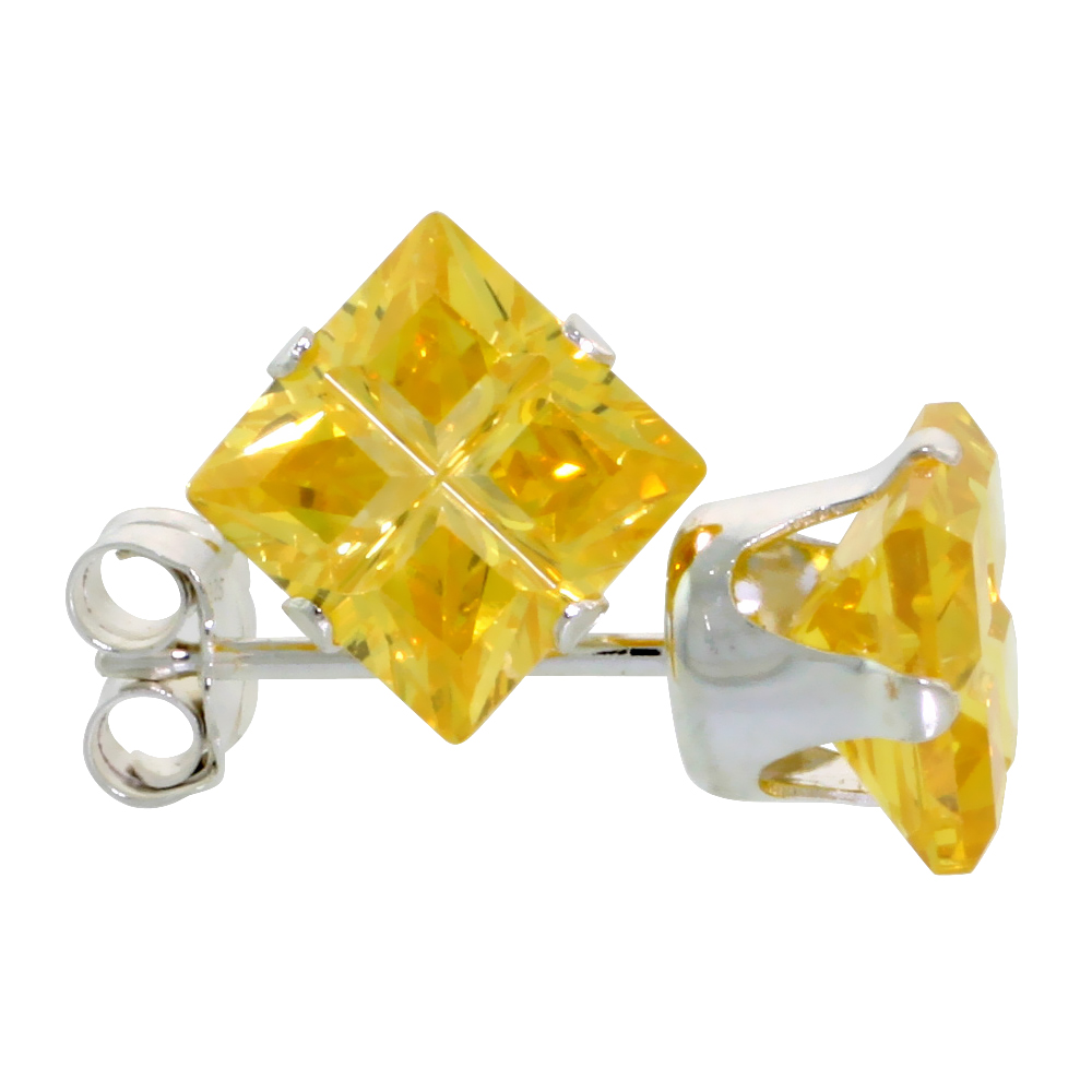 STERLING SILVER CUBIC ZIRCONIA INVISIBLE CUT SQUARE CITRINE EARRINGS STUDS YELLOW 2.5 CARAT/PAIR