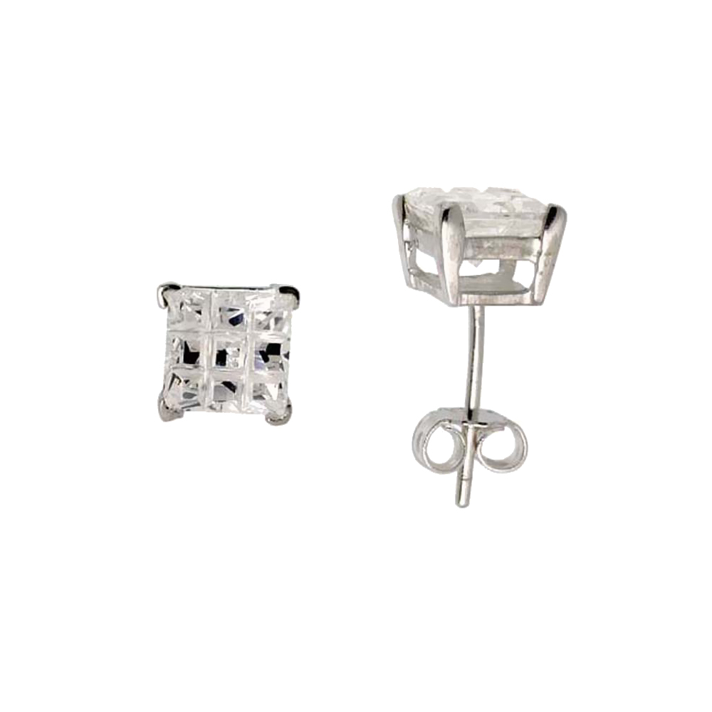 STERLING SILVER CUBIC ZIRCONIA INVISIBLE CUT SQUARE EARRINGS STUDS 6 MM BASKET SET 2.5 CARATS/PAIR