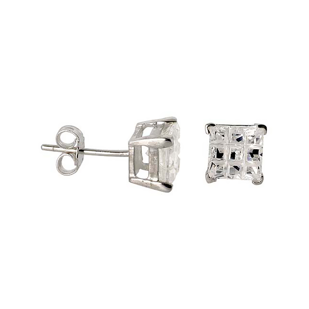 Sterling Silver Cubic Zirconia Invisible Cut Square Earrings Studs 6 mm Basket Set 2.5 carats/pair