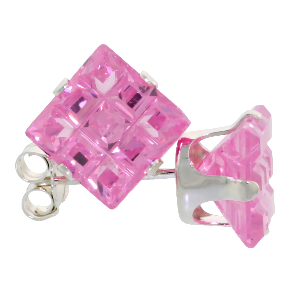 STERLING SILVER CUBIC ZIRCONIA INVISIBLE CUT SQUARE PINK EARRINGS STUDS 4 CT./PR