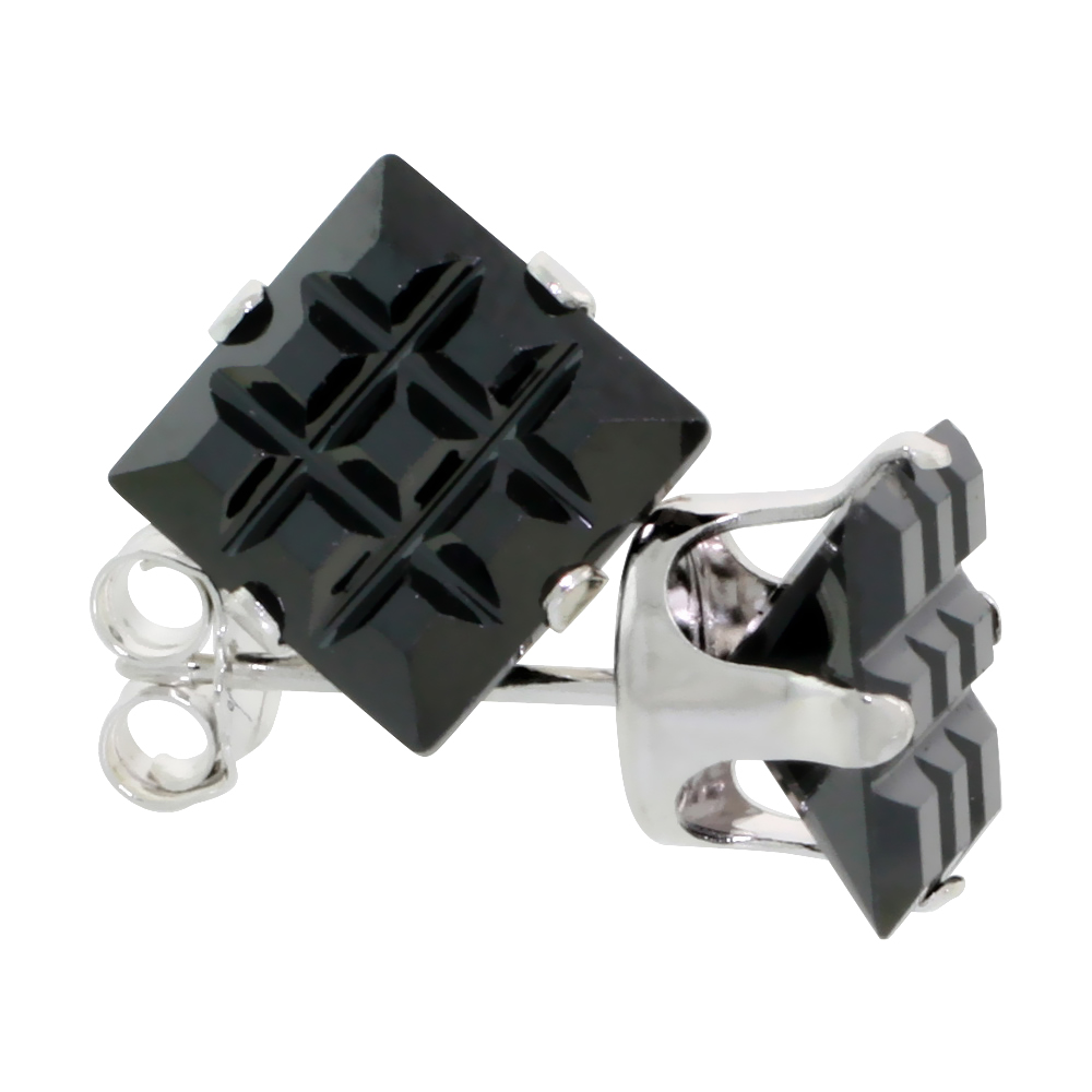STERLING SILVER CUBIC ZIRCONIA INVISIBLE CUT SQUARE BLACK EARRINGS STUDS 4 CARAT/PAIR