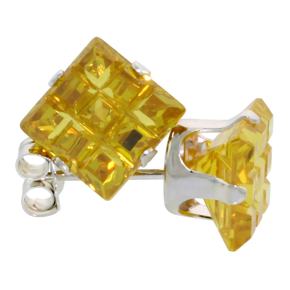 STERLING SILVER CUBIC ZIRCONIA INVISIBLE CUT SQUARE CITRINE EARRINGS STUDS YELLOW 4 CT./PR