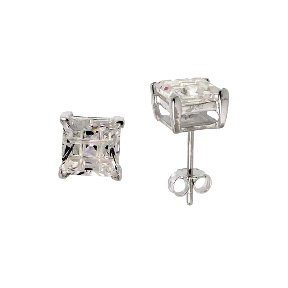 STERLING SILVER CUBIC ZIRCONIA INVISIBLE CUT SQUARE EARRINGS STUDS 7 MM BASKET SET 4 CARAT/PAIR
