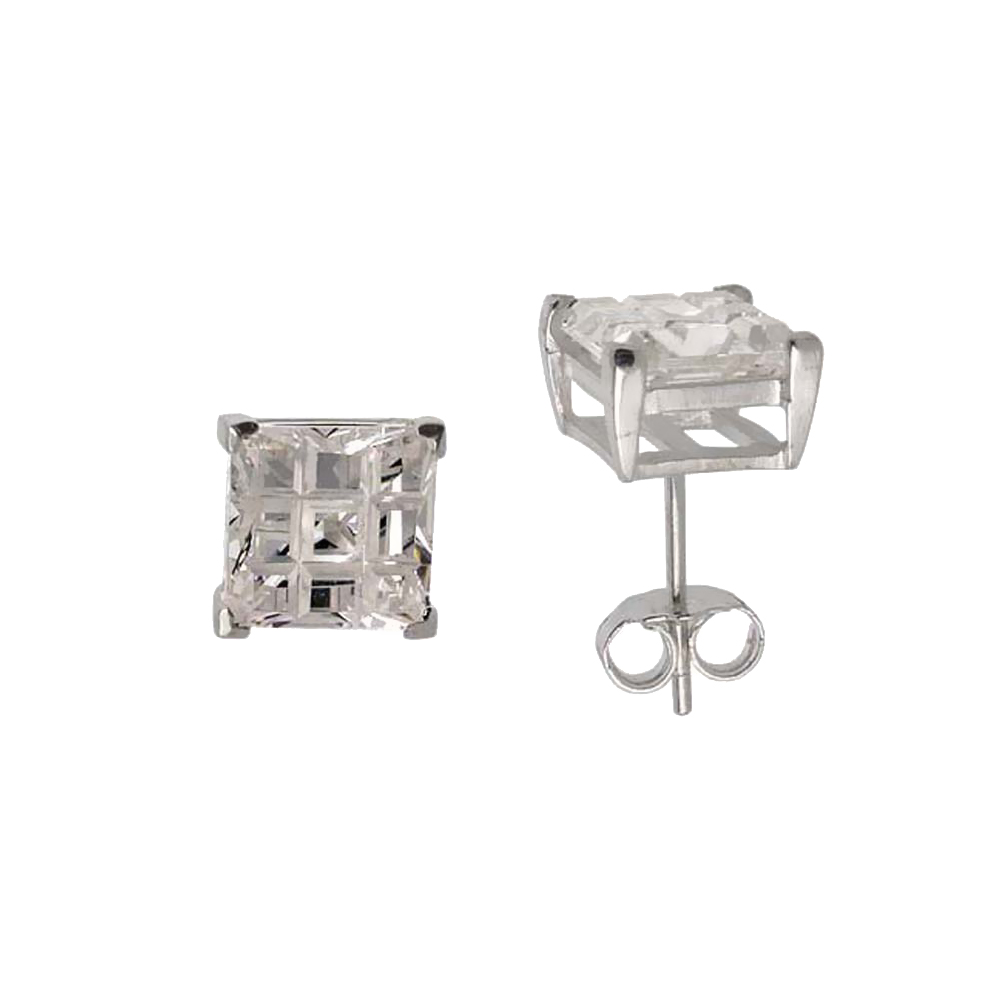 STERLING SILVER CUBIC ZIRCONIA INVISIBLE CUT SQUARE EARRINGS STUDS 8 MM BASKET SET 6 CARAT/PAIR