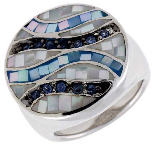 Sterling Silver Natural Shell Mosaic & CZ Ribbon Stripe Ring Round, 13/16 inch wide