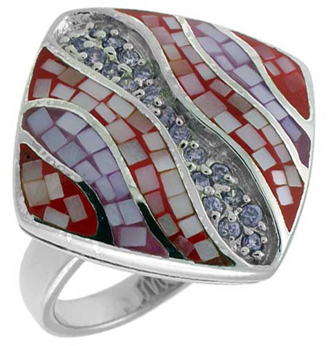 Sterling Silver Natural Shell Mosaic Rhombic Ring CZ Accent, 1 inch wide