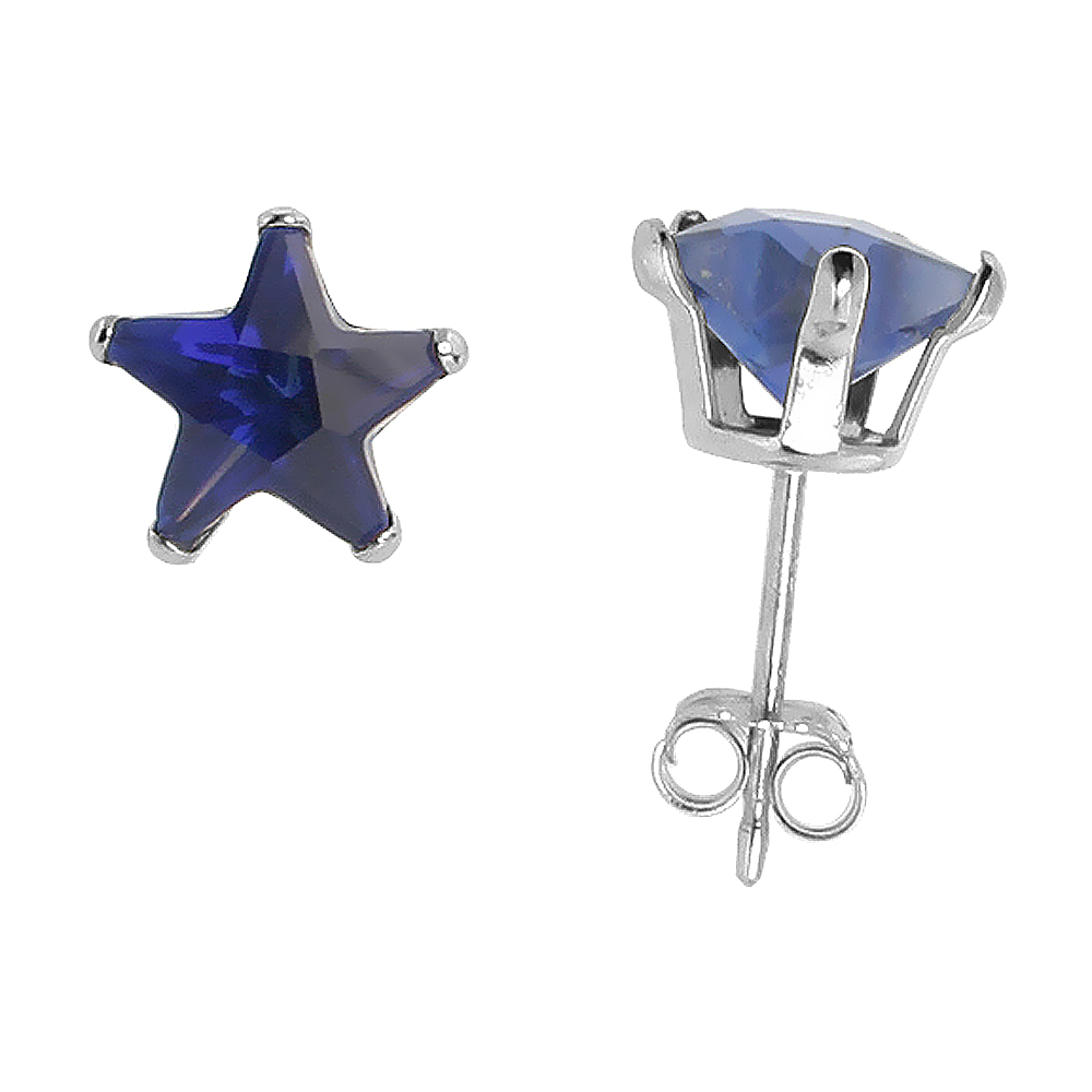 10 Pair Set Sterling Silver Cubic Zirconia Sapphire Star Star Earrings 7 mm Navy color