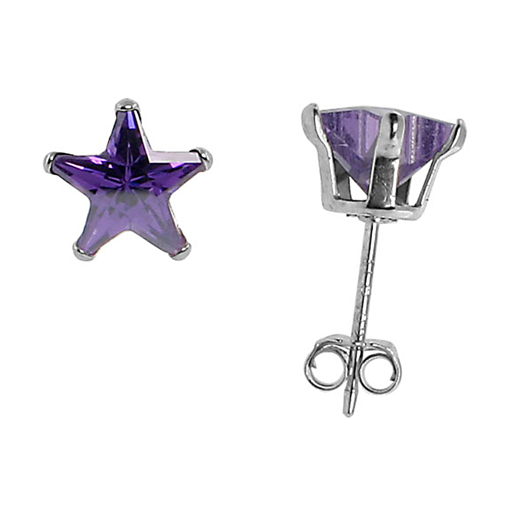 STERLING SILVER CUBIC ZIRCONIA AMETHYST STUD EARRINGS 7 MM STAR SHAPE PURPLE COLOR