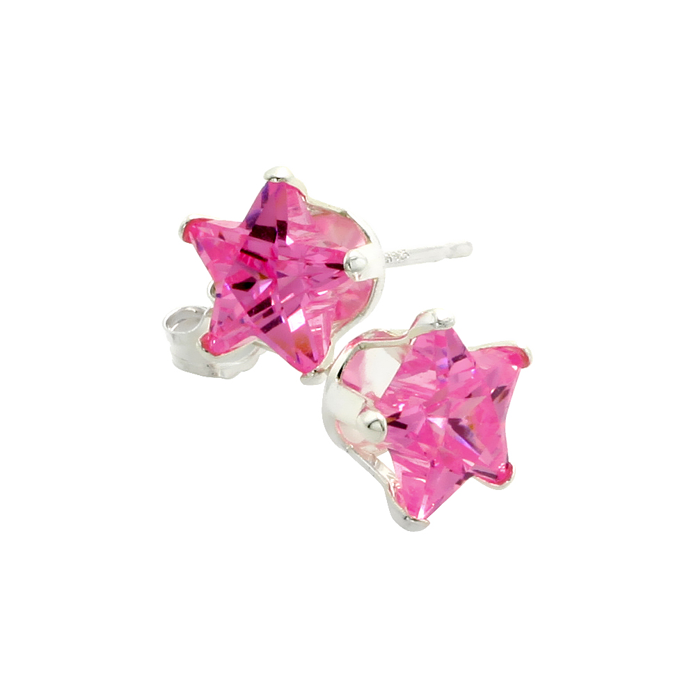 STERLING SILVER PINK CZ STAR STUD EARRINGS 7 MM