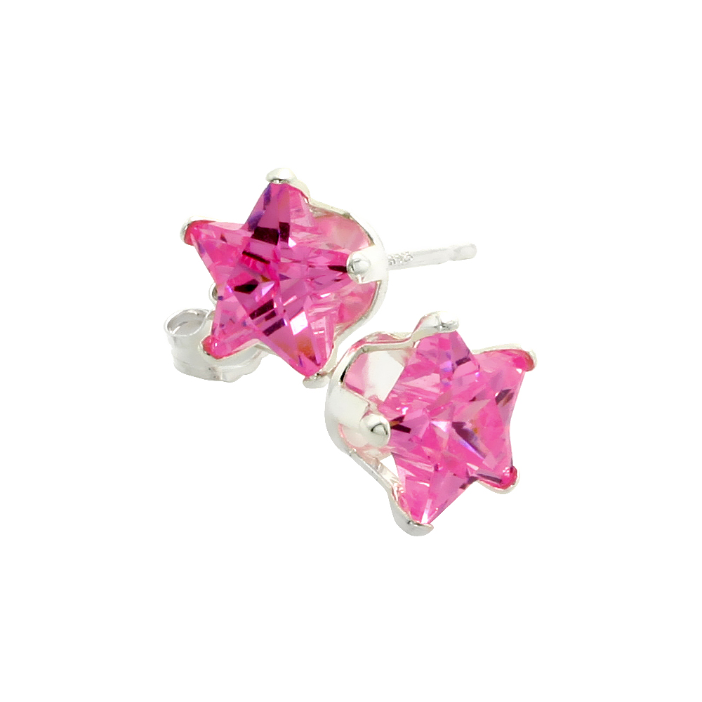 Sterling Silver Pink CZ Star Stud Earrings 7 mm