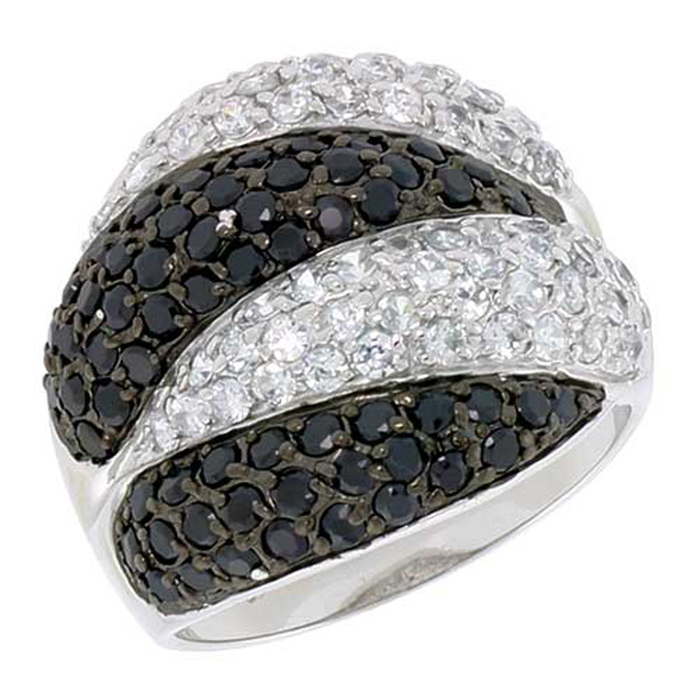STERLING SILVER ALTERNATING BLACK AND WHITE CUBIC ZIRCONIA RING DOME, 13/16 INCH WIDE, SIZE 6-10