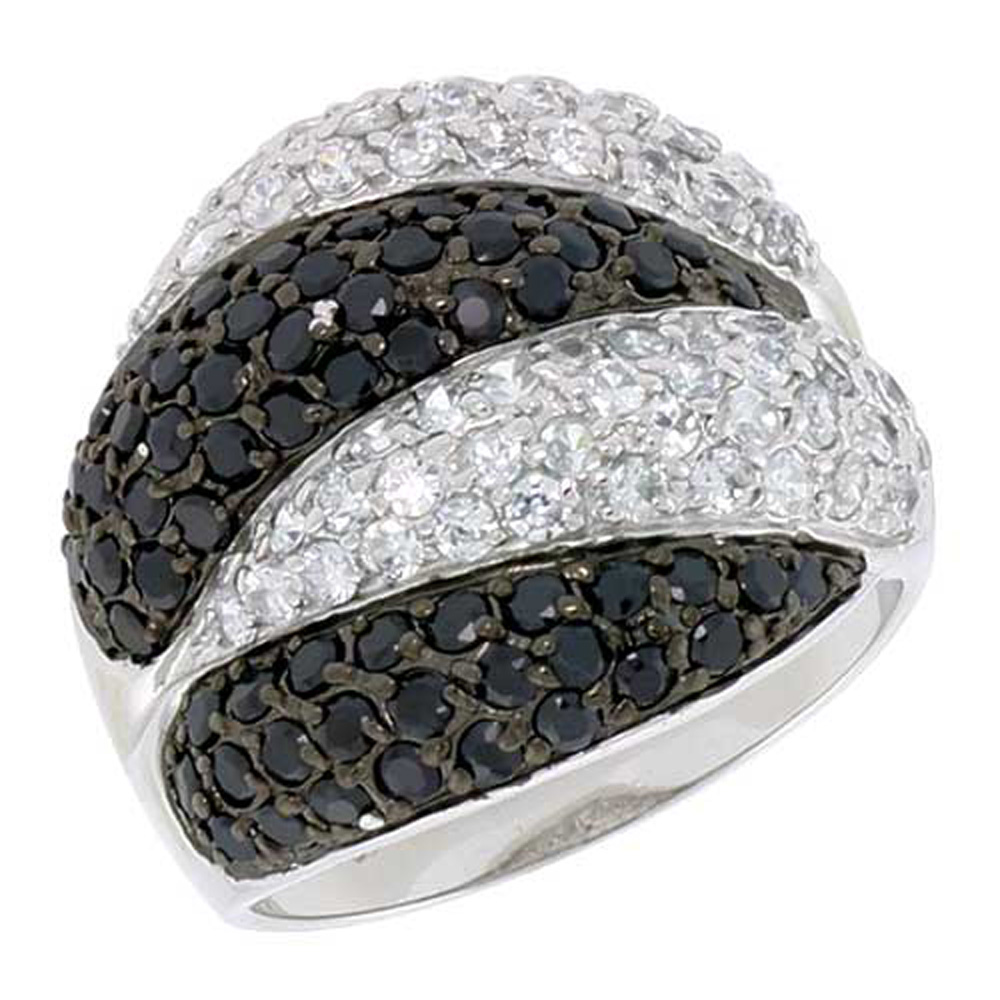 Sterling Silver Alternating Black and White Cubic Zirconia Ring Dome, 13/16 inch wide, size 6-10
