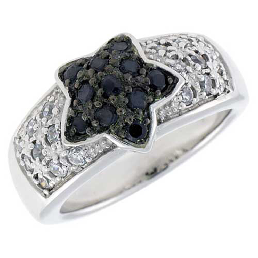 STERLING SILVER STAR RING, RHODIUM PLATED W/ 18 WHITE & 11 BLACK 2MM CZ'S, 7/16" (10 MM) WIDE