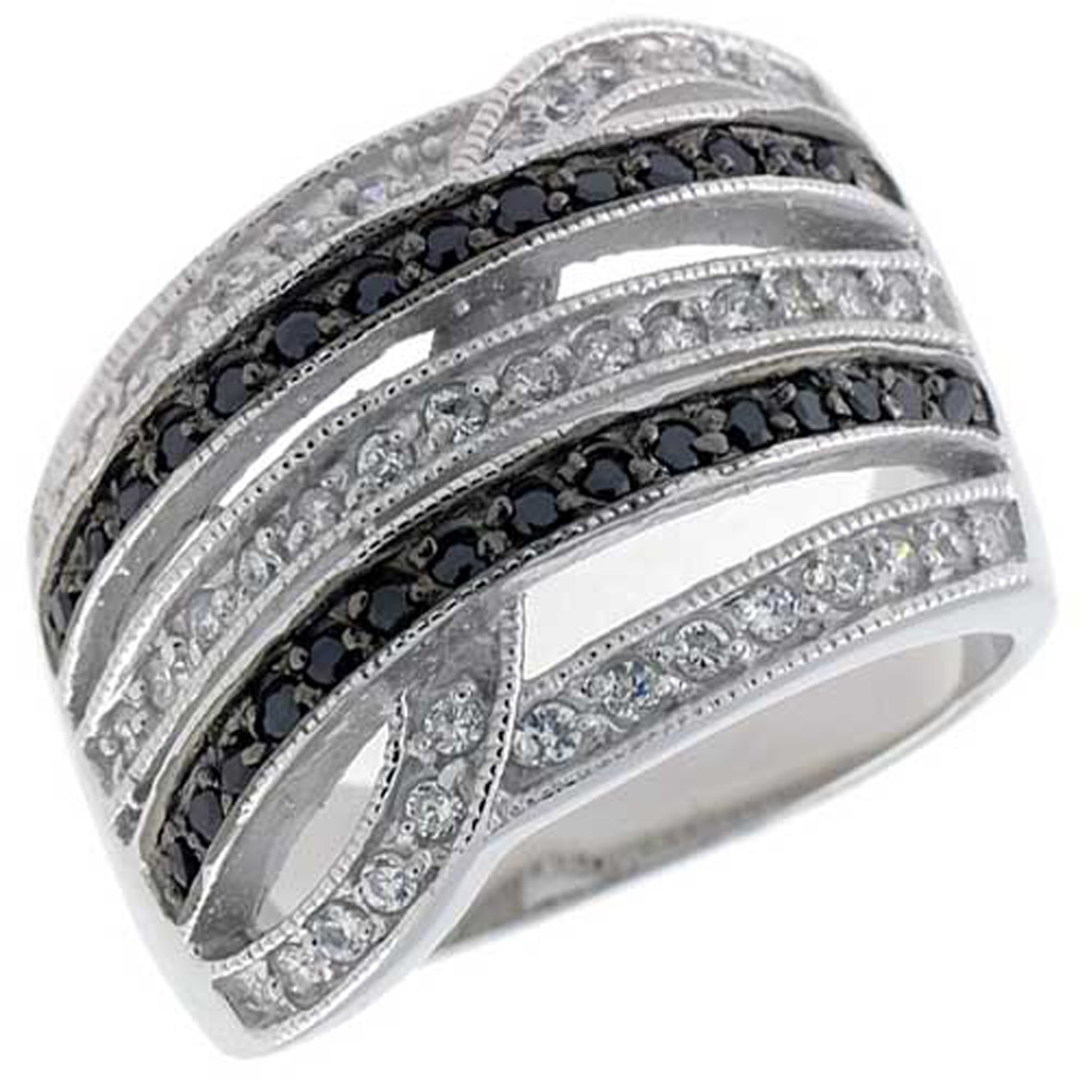 STERLING SILVER FREEFORM RING, RHODIUM PLATED W/ 39 WHITE & 29 BLACK CZ'S, 5/8" (17 MM) WIDE