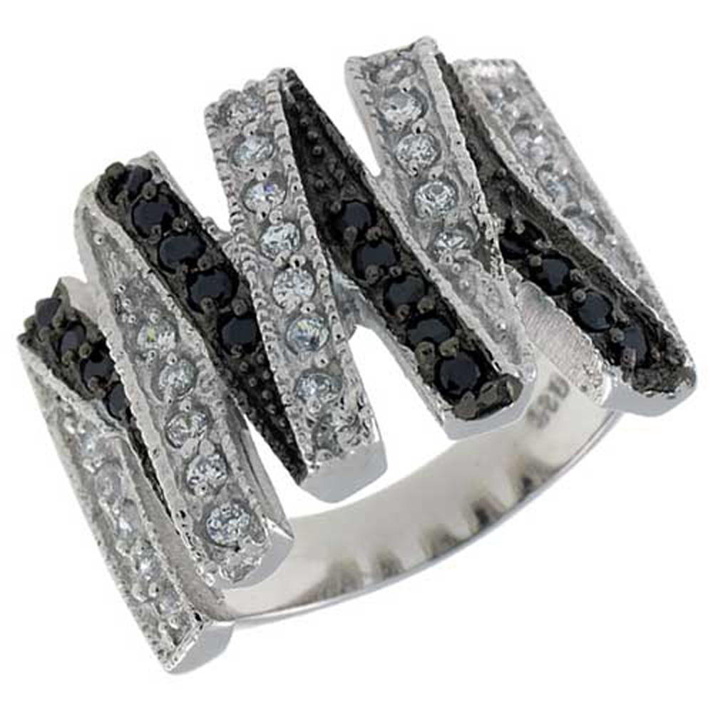 STERLING SILVER ZIGZAG RING, RHODIUM PLATED W/ 30 WHITE & 18 BLACK CZ'S, 11/16" (17 MM) WIDE