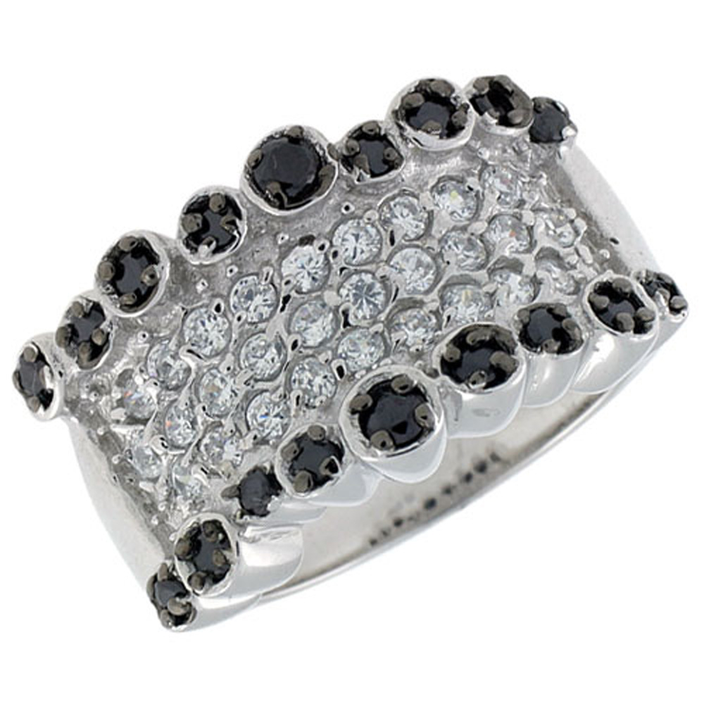 STERLING SILVER BAND, RHODIUM PLATED W/ 2MM & 3MM BLACK & WHITE CZ'S, 1/2" (13 MM) WIDE