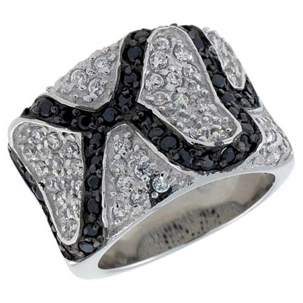 STERLING SILVER FREEFORM BAND, RHODIUM PLATED W/ 56 WHITE & 40 BLACK CZ'S, 9/16" (15 MM) WIDE