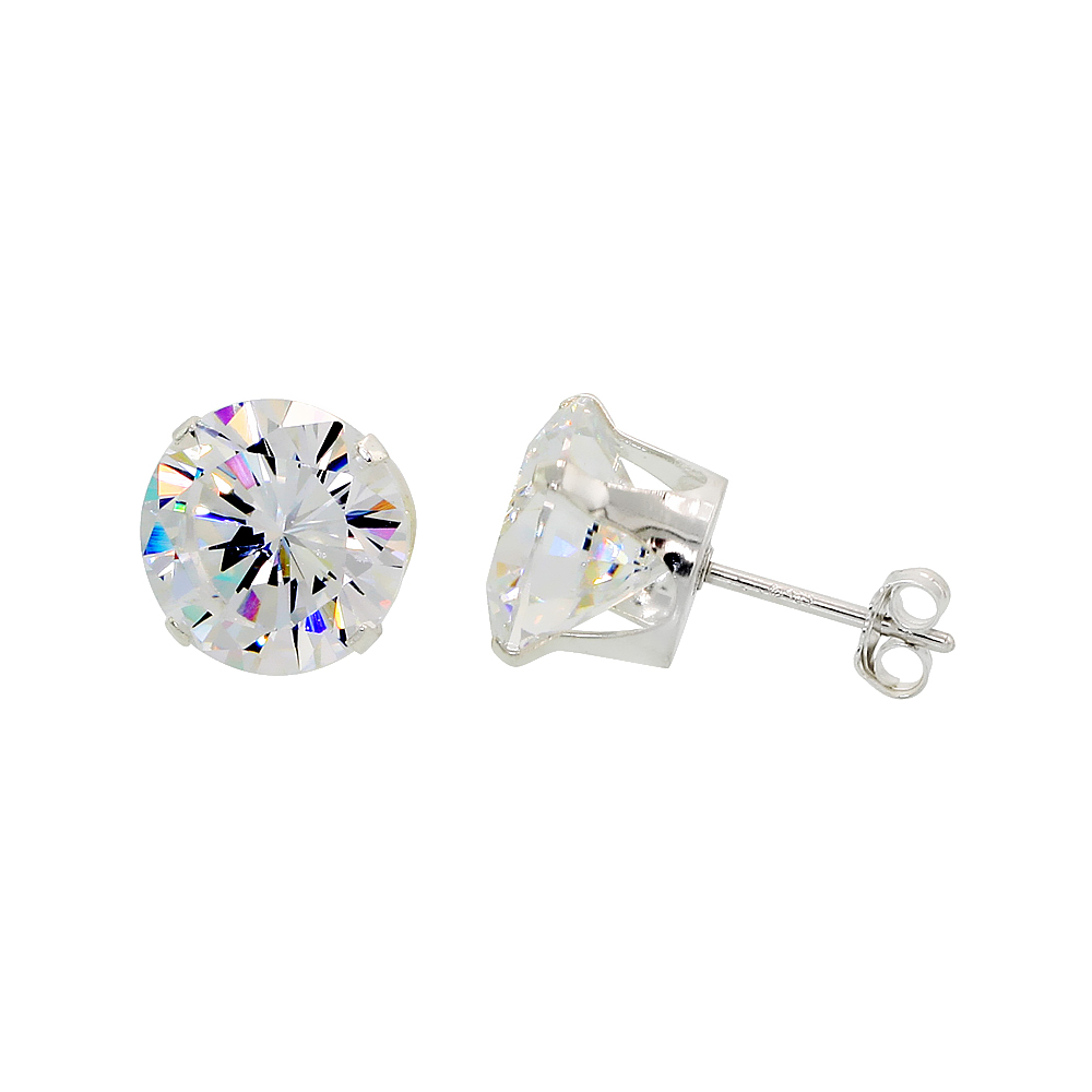 STERLING SILVER CUBIC ZIRCONIA EARRINGS STUDS 10 MM 4 PRONG 8 CARAT/PAIR