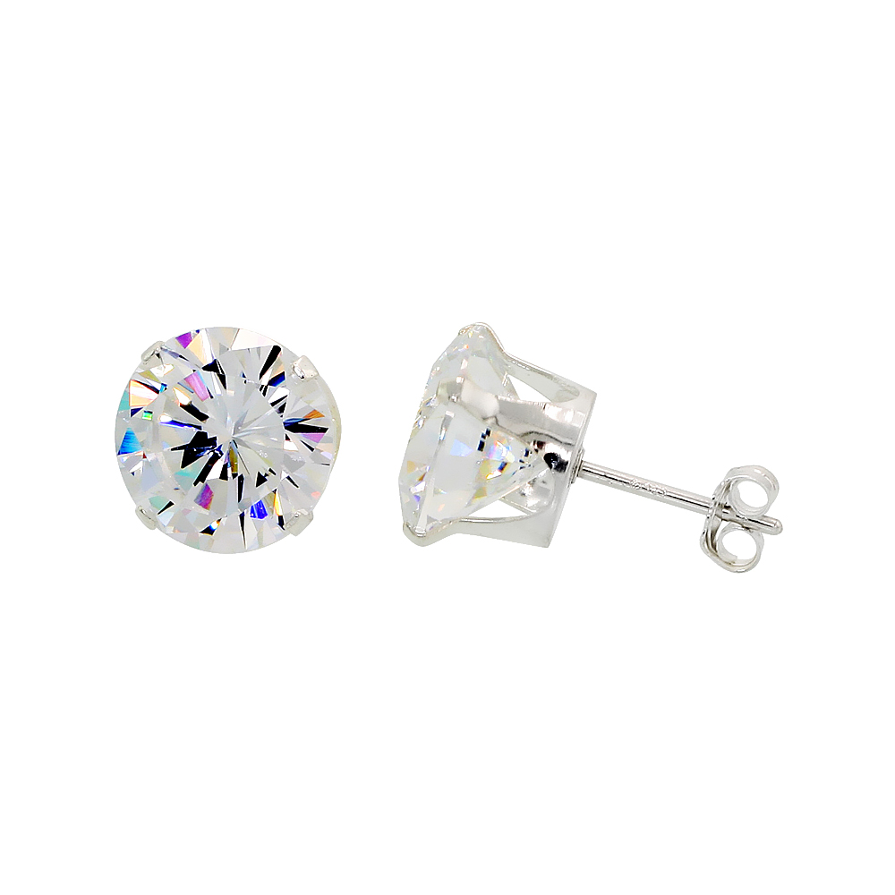 Sterling Silver Cubic Zirconia Earrings Studs 10 mm 4 prong 8 carat/pair